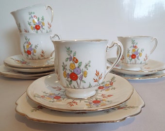 Vintage Standard China Flower Teacup Trio. Hand Painted 1930s Vintage Tea Cup and Cake Plate. Perfect For A Pretty Afternoon Tea Party