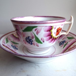 Pink Lustreware Teacup. Early Victorian Antique Tea Cup and Saucer, Entirely Hand Painted. Very Rare English Teacup And Saucer With Flowers