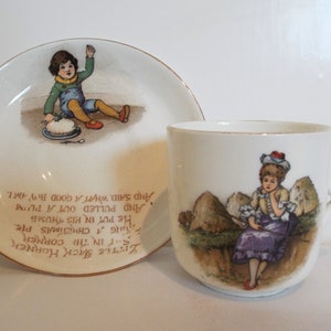 Vintage Tuscan Child's Teacup. 1910s Tuscan Nursery Rhyme Tea Cup And Saucer, With Little Bo Peep And Jack Horner. A Rare Christening Gift image 1