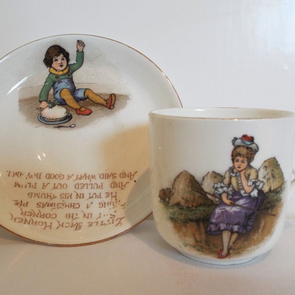 Vintage Tuscan Child's Teacup. 1910s Tuscan Nursery Rhyme Tea Cup And Saucer, With Little Bo Peep And Jack Horner. A Rare Christening Gift