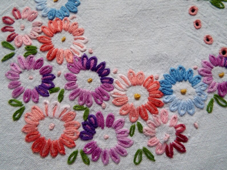 Vintage Linen Square Tablecloth. Hand Embroidered Flowers or Etsy