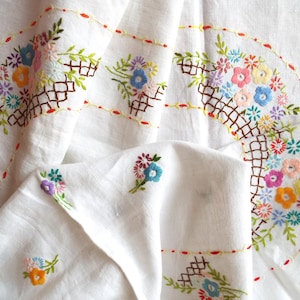 Vintage Square Tablecloth With Many Bright And Beautiful Flowers. Hand Embroidered White Linen Tablecloth. Afternoon Tea Party Vintage Linen