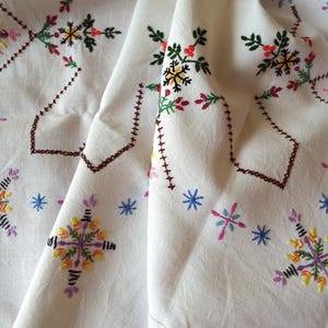Vintage Square Tablecloth With Pretty Flowers, Motifs and Cross Stitch. Hand Embroidered Linen Tablecloth. Afternoon Tea Party Vintage Linen