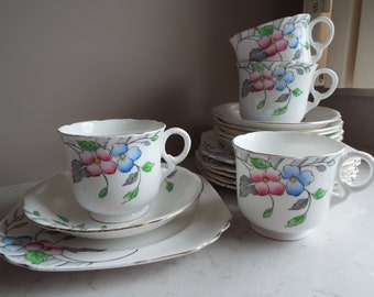 Antique Teacup And Saucer And Cake Plate With Pink And Blue Flowers. 1920s Heathcote Tea Cup Trio. 4 Available For An Afternoon Tea Party