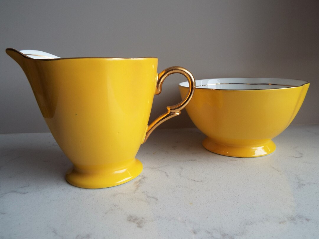 Vintage Milk Jug and Sugar Bowl. 1950s Yellow and White Sugar Bowl and