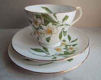 Vintage Shelley Syringa Teacup Trio. 1950s Green And White Vintage Tea Cup and Cake Plate. 3 Available. For An Elegant Afternoon Tea Party