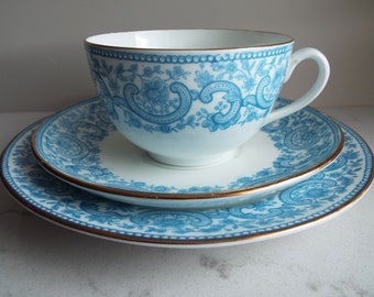 Edwardian Blue And White Teacup and Saucer And Cake Plate. English Antique Radford China Tea Cup Trio, For An Elegant Afternoon Tea Party