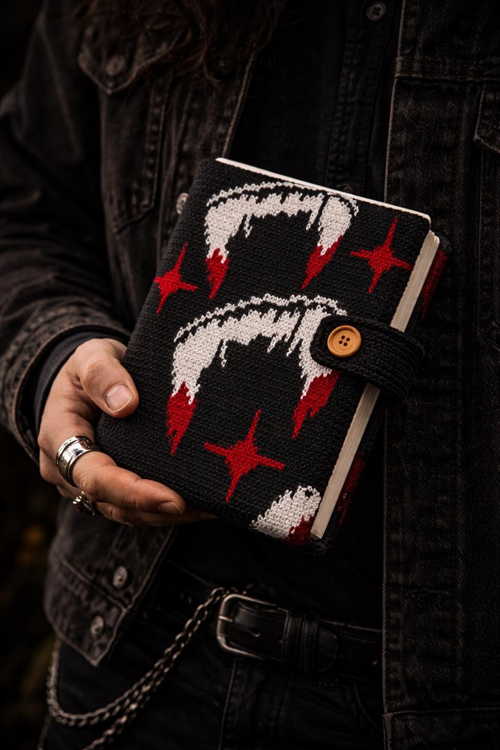 30 Book Sleeve Crochet Patterns for Stylish, Protective Handmade Reading Accessories 19 Crimson Bite Gothic Book Sleeve Crochet Pattern