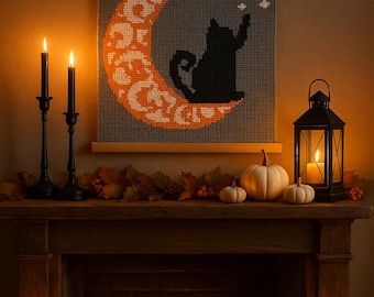 Black Cat on Crescent Moon Crochet Wall Hanging Pattern | Fall Home Decor