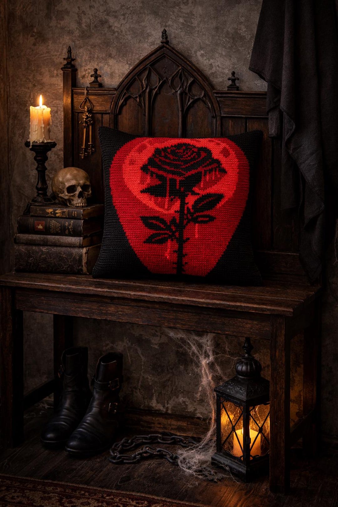 Blood Rose Crochet Pillow Pattern | Gothic Rose Graphghan | Horror ...