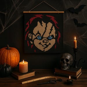 Schema all&#39;uncinetto Chucky: arazzo da film horror (download PDF, 26,75x27,25&quot;)