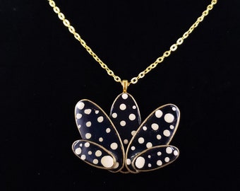 Hand Painted Lotus Flower Necklace, Polka Dot Wood Pendant