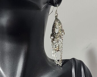 Silver Filigree Chain Drop Earrings | Vintage Inspired Dangle Earrings | 2 Inch Statement Jewelry