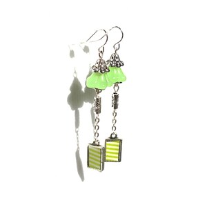 Handmade Bright Green Dangle Earrings | Silver Finish, Striped Dangles