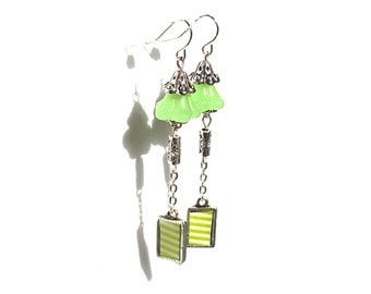 Green and silver Earrings, bell earrings, bright green earrings, silver drop earrings, green earrings, green dangle earrings