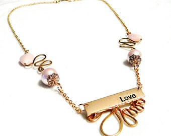 Gold and Pink love necklace, gold pendant necklace, pink necklace, love necklace, pink jewelry, love jewelry