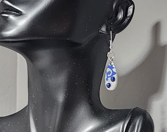 Silver Blue Teardrop Earrings | Hand Painted Scroll Dangle Jewelry
