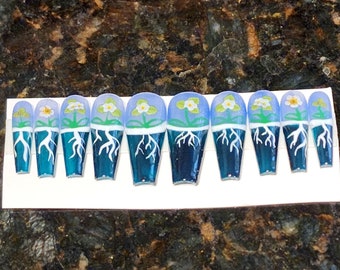 Blue Botanical Press On Nails | Medium Coffin, Hand-Painted Flower Design