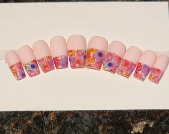 Pink Floral Tip Press On Nails – Medium Square Gel Manicure with Colorful Flower Accents
