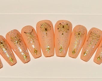 Pink Glitter Press On Nails Medium Coffin Gel Manicure with Gold Accents