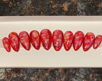 Red Cherry Blossom Press On Nails | Glossy Almond Japanese Style