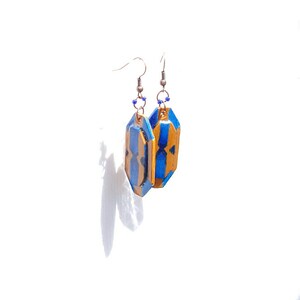 Geometric Blue and Orange Earrings, hand painted earrings, painted wood earrings, small gift for woman, brown an blue earrings, geometric