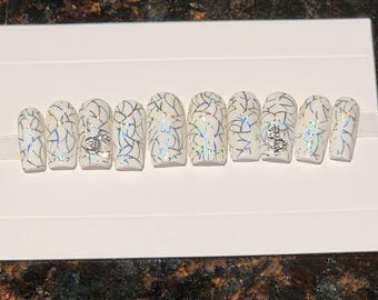 Silver White Abstract Press On Nails