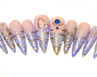 Color Changing Blue and Gold Press On Nails Medium Stiletto Gel Manicure