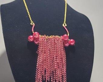 Pink Chain Fringe Necklace | Statement Tassel Necklace with Beaded Accents | Handmade Boho Artisan Jewelry