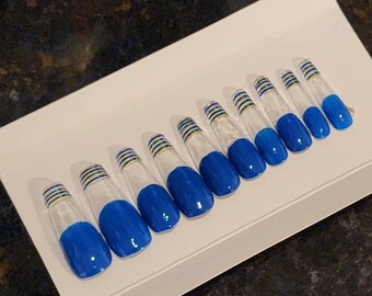 Blue French Stripe Press On Nails | Metallic Tips, Coffin Shape