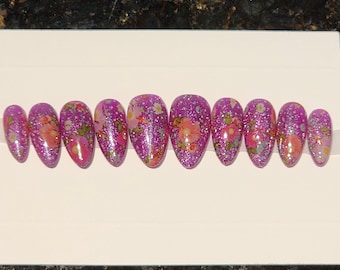 Purple Floral Press On Nails (Medium Almond)
