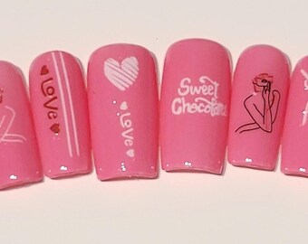 Pink Love Press On Nails – Medium Coffin Manicure