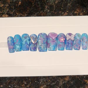 3D Heart Bow Press On Nails | Blue Purple Handmade Gel Manicure