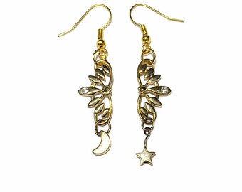 Gold Celestial Dangle Earrings | Moon and Star Drop Earrings | Boho Gold Charm Earrings | 2 Inch Lightweight Earrings