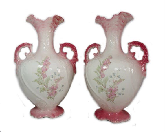 11 5 Pair Of Ornate Ceramic Vases Oyster Pink Ceramic Etsy