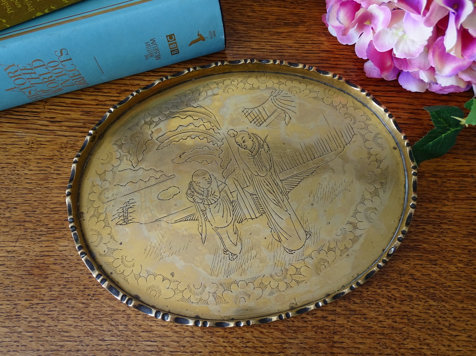 9 Vintage Chinese Etched Brass Tray Oval Salver Old Etsy