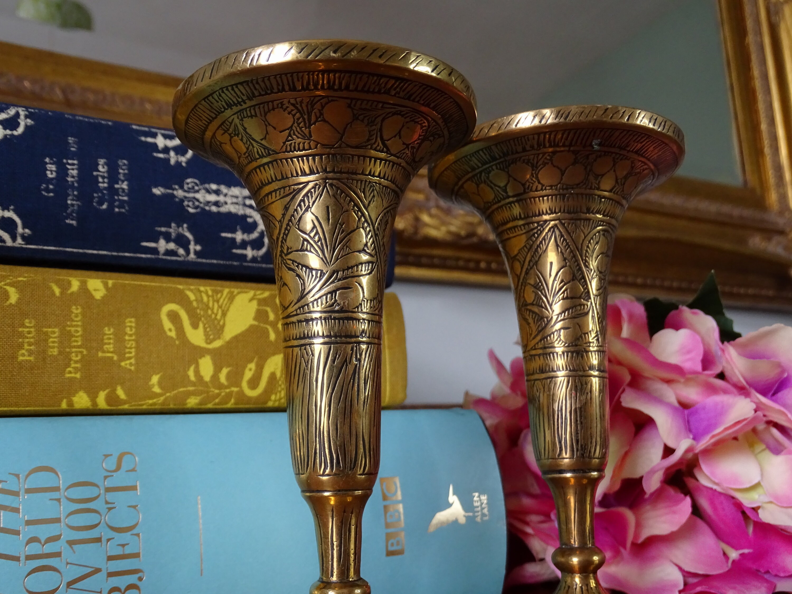 Pair of Vintage Indian Brass Trumpet Vases Two Small Etched Etsy