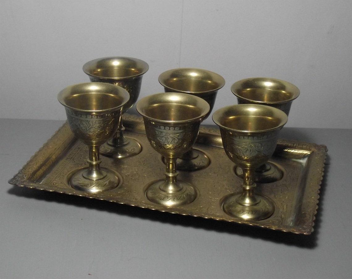 Vintage Brass Goblets with Tray/Brass /Brass Cups/Etched Brass Etsy
