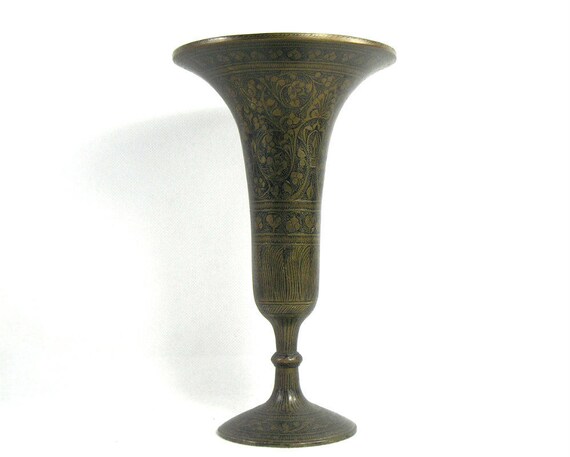 8 5 Vintage Indian Brass Vase 1930s Indian Vase Etched Etsy