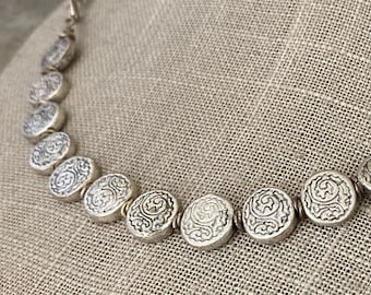 Handmade silver ancient stamped mobius necklace, handmade sectioned chain, matching earrings SET