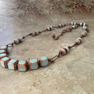 Handmade blue Mykono Greece ceramic necklace, Mobius spiral chain, statement necklace