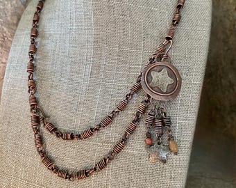 Mixed metal rustic necklace and earrings set, star design, handmade coil chain
