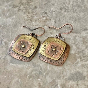 Rustic copper brass boho earrings, textured mixed metal riveted stamped square design