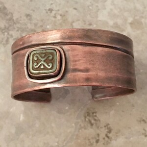 Rustic copper cuff, ancient scroll glass, riveted layered metal, folded metal bracelet