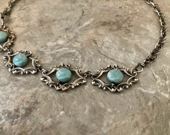 Handmade silver filigree necklace, Montana blue Czech glass, adjustable handmade chain