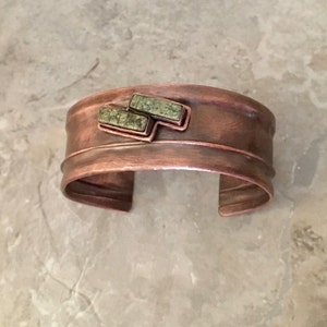 Rustic folded copper cuff, green serpentine, layered metal bracelet