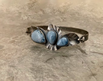 Sterling silver blue opal cuff, rustic silver bracelet, hook and latch clasp