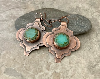 Copper layered earrings, rustic turquoise Czech glass earrings