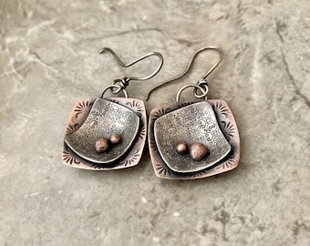 Mixed metal layered earrings, sterling silver and copper textured square earrings