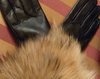 BLACK REAL LEATHER Gloves with real fur trim!